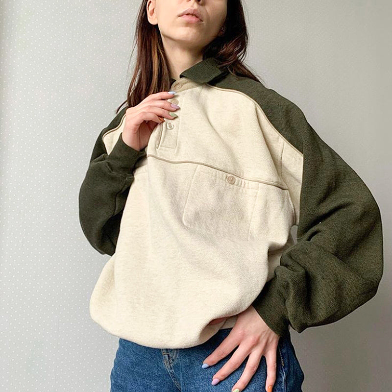 American Retro Olive Green & Cream Stitching Lapel Sweater