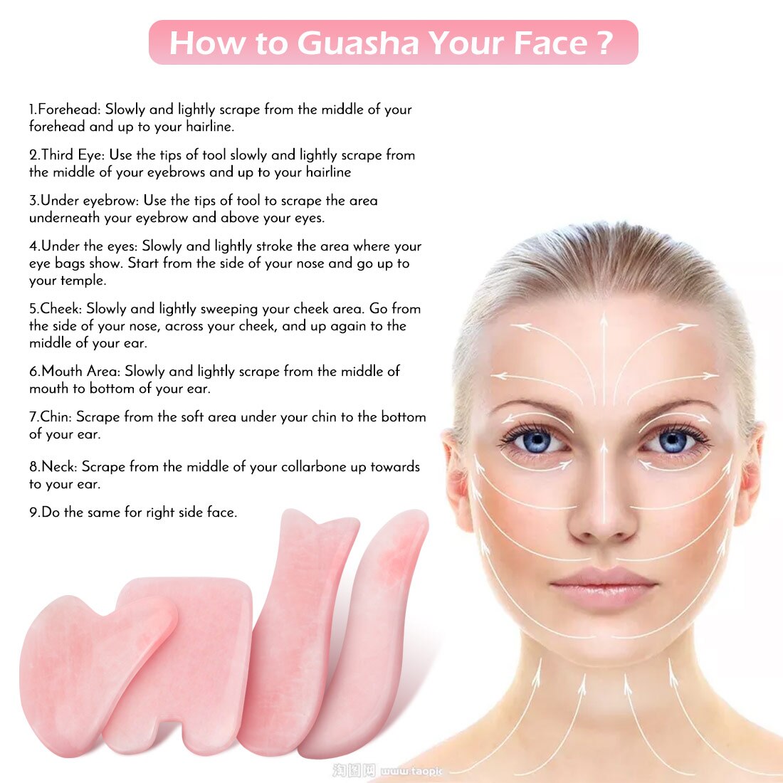 Natural Rose Quartz Gua Sha Facial Massage Tool