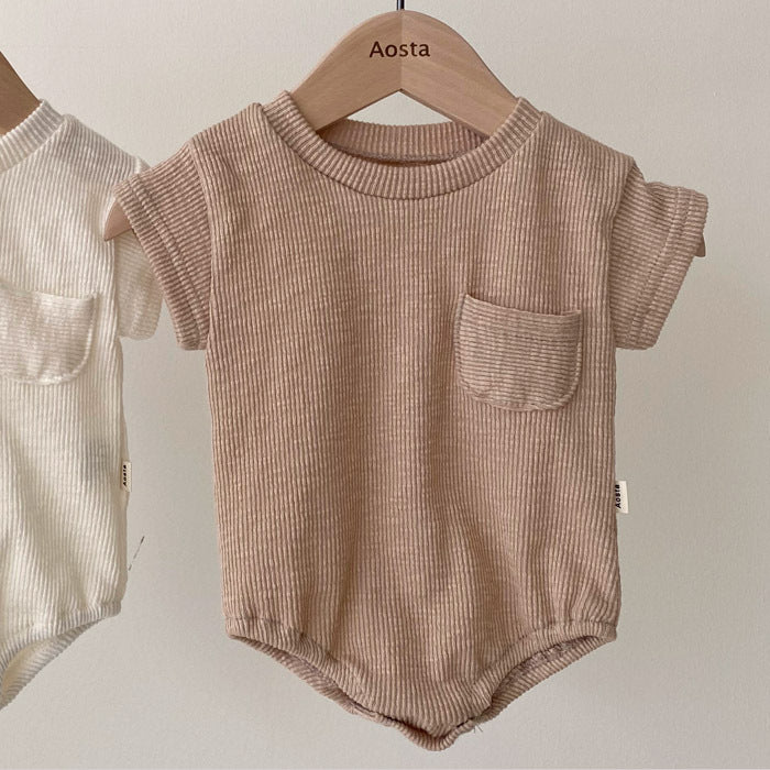 Korean Style Ribbed Cotton Baby Bodysuit & Summer Lounge Set - Unisex Neutral Infant Wear