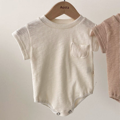 Korean Style Ribbed Cotton Baby Bodysuit & Summer Lounge Set - Unisex Neutral Infant Wear