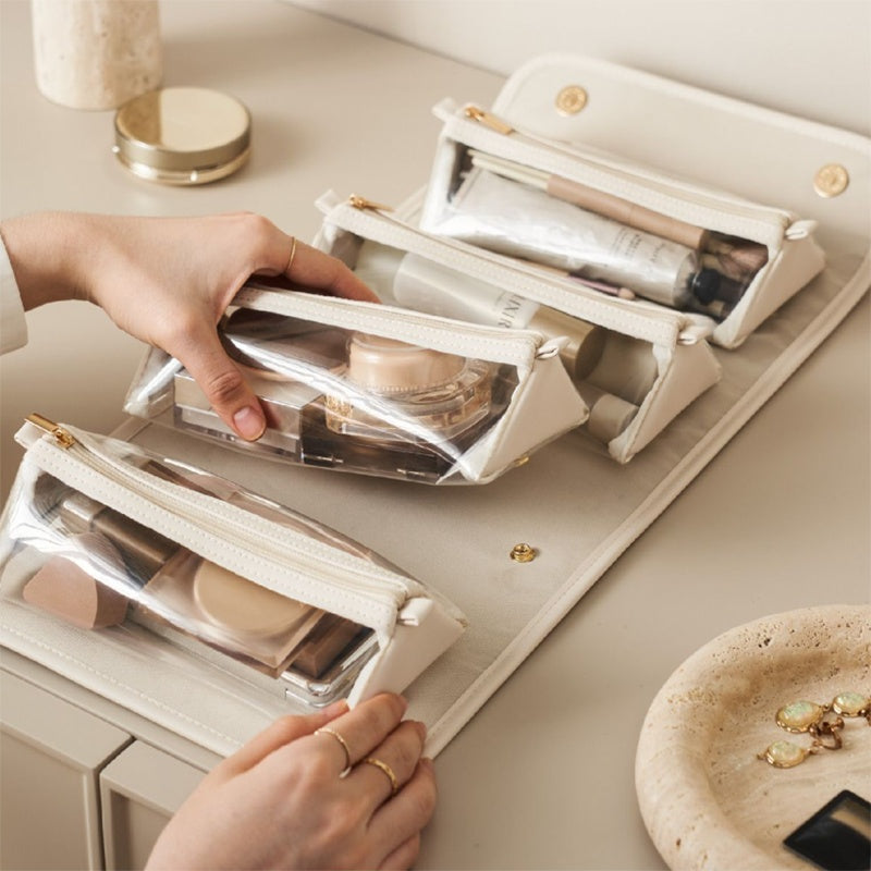 Roll-Up Cosmetic Storage Bag with 4 Detachable Compartments - Portable & Waterproof Travel Pouch