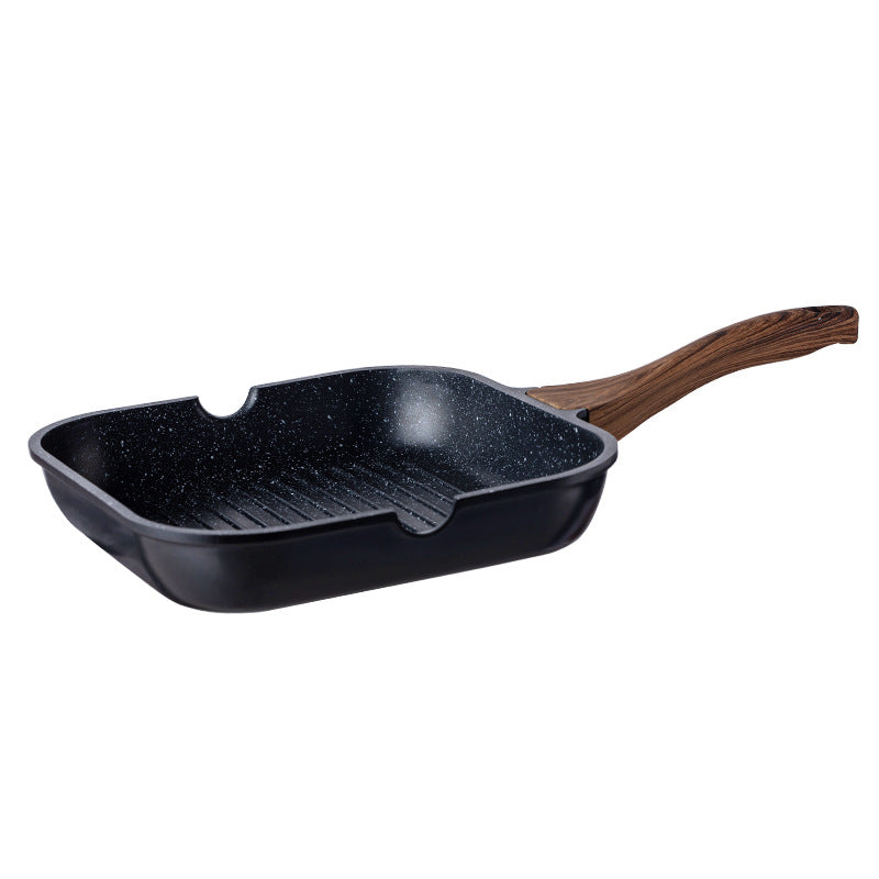 Non-Stick Square Grill Pan - Aluminium Steak Griddle Skillet with Wood-Effect Handle & Pour Spouts