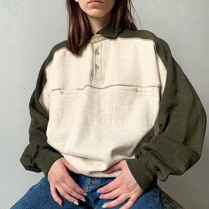 American Retro Olive Green & Cream Stitching Lapel Sweater