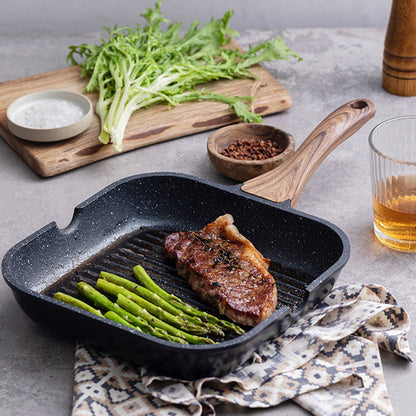 Non-Stick Square Grill Pan - Aluminium Steak Griddle Skillet with Wood-Effect Handle & Pour Spouts