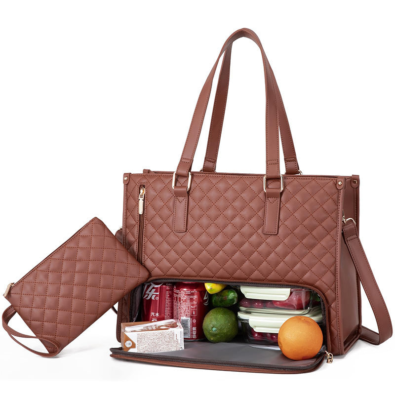 Brown quilted handbag with a smaller pouch, containing snacks and fruits on a white background