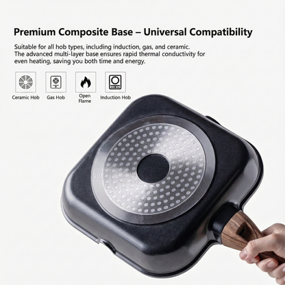 Non-Stick Square Grill Pan - Aluminium Steak Griddle Skillet with Wood-Effect Handle & Pour Spouts