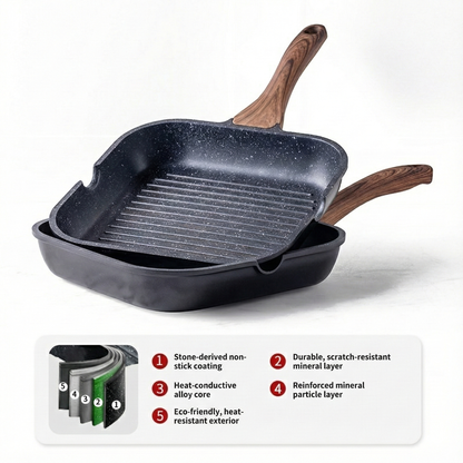 Non-Stick Square Grill Pan - Aluminium Steak Griddle Skillet with Wood-Effect Handle & Pour Spouts