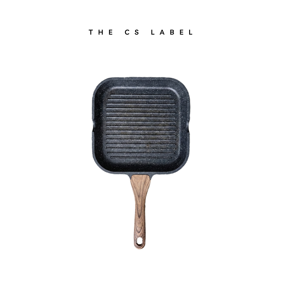 Non-Stick Square Grill Pan - Aluminium Steak Griddle Skillet with Wood-Effect Handle & Pour Spouts