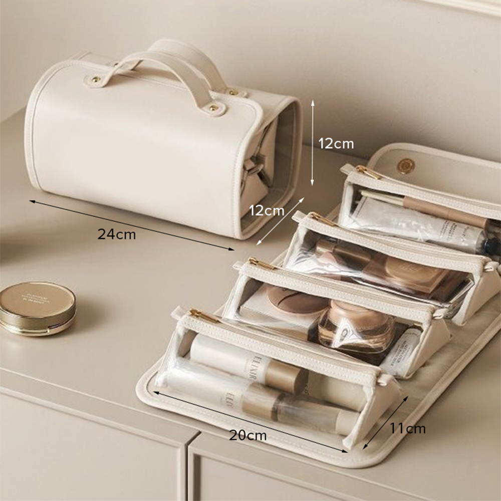 Roll-Up Cosmetic Storage Bag with 4 Detachable Compartments - Portable & Waterproof Travel Pouch