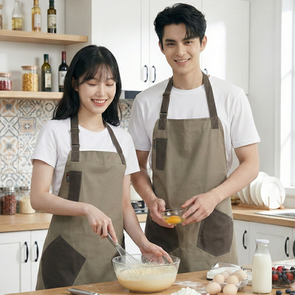 Two-Tone Canvas Kitchen Apron with Large Pocket - Stain Resistant Adjustable Bib for Chefs & Baristas