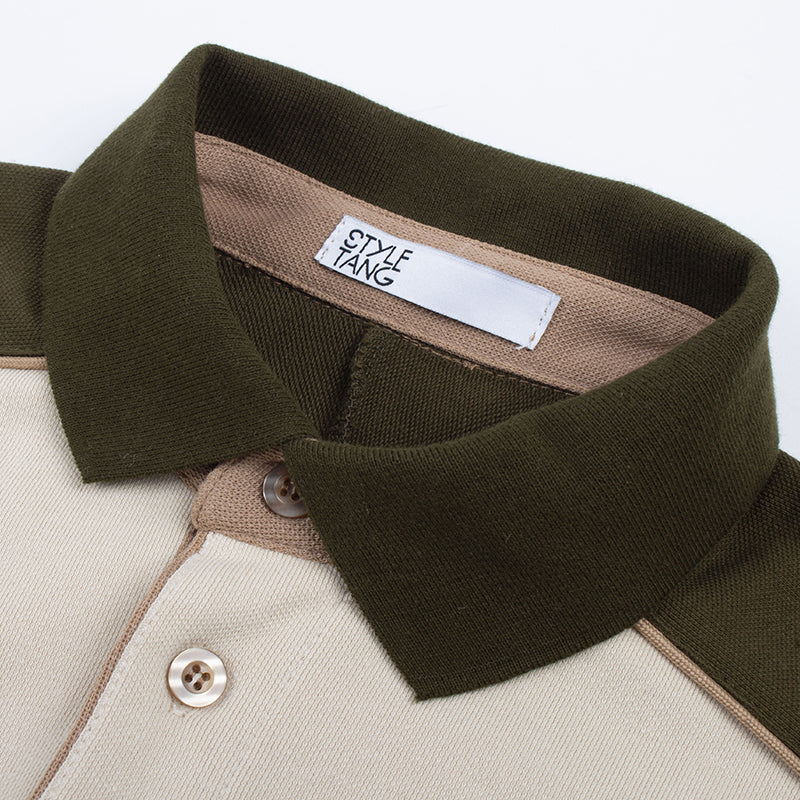 American Retro Olive Green & Cream Stitching Lapel Sweater