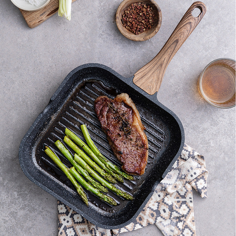 Non-Stick Square Grill Pan - Aluminium Steak Griddle Skillet with Wood-Effect Handle & Pour Spouts