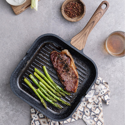 Non-Stick Square Grill Pan - Aluminium Steak Griddle Skillet with Wood-Effect Handle & Pour Spouts