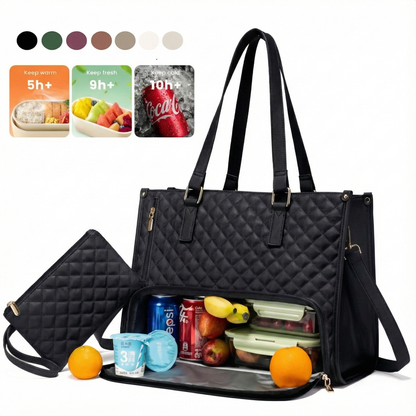 Black insulated lunch bag with compartments filled with food items and drinks on a white background.