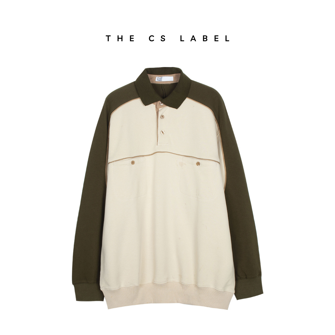 American Retro Olive Green & Cream Stitching Lapel Sweater