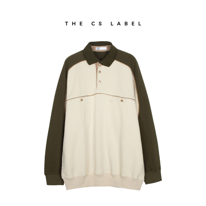 American Retro Olive Green & Cream Stitching Lapel Sweater